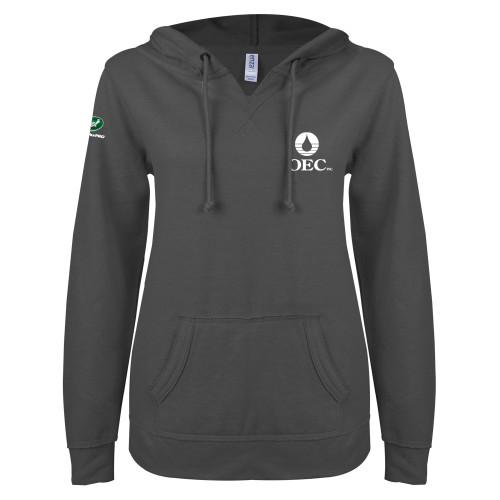  ENZA Womens Dark Heather V Notch Raw Edge Fleece Hoodie - OEC