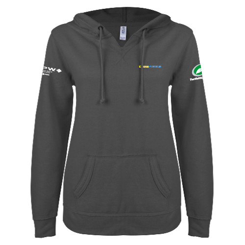  ENZA Womens Dark Heather V Notch Raw Edge Fleece Hoodie - EnergiSystems Wordmark