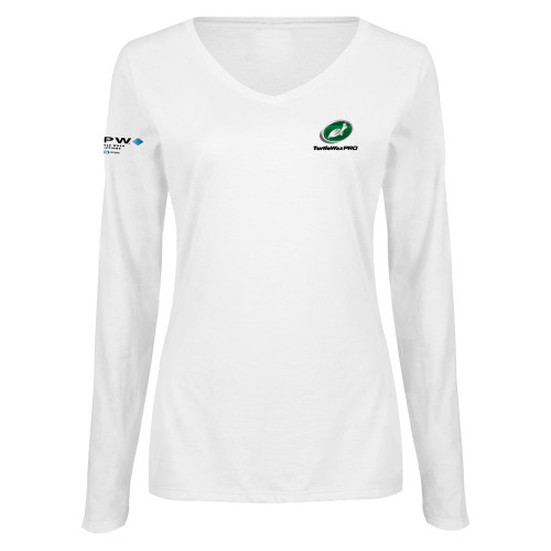  Womens White Long Sleeve V Neck Tee - Turtle Wax Pro