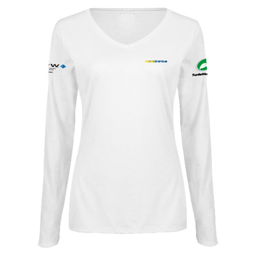  Womens White Long Sleeve V Neck Tee  - EnergiSystems Wordmark