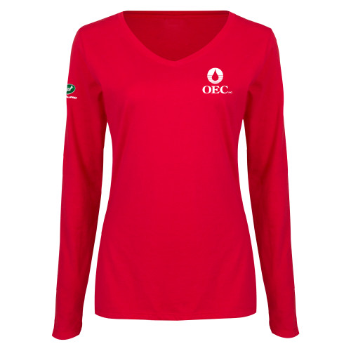  Womens Red Long Sleeve V Neck Tee - OEC