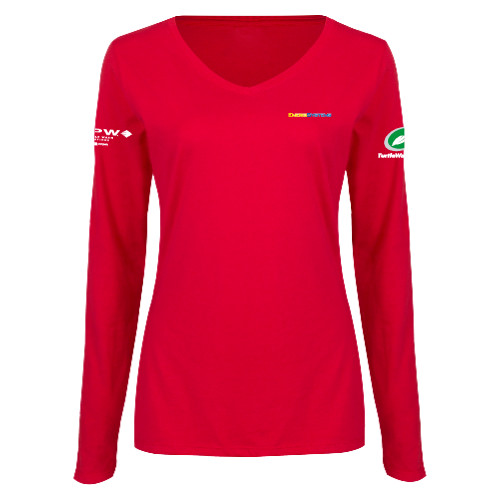  Womens Red Long Sleeve V Neck Tee - EnergiSystems Wordmark