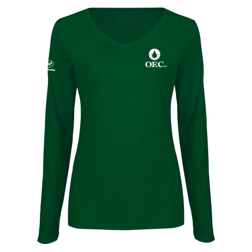  Womens Dark Green Long Sleeve V Neck Tee  - OEC
