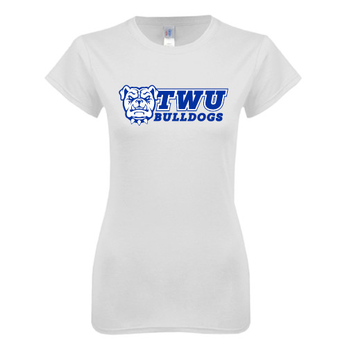 Next Level Womens White Boyfriend Tee - TWU Bulldogs Stacked w/ Bulldog