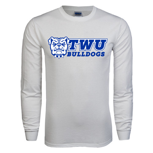  White Long Sleeve T Shirt - TWU Bulldogs Stacked w/ Bulldog