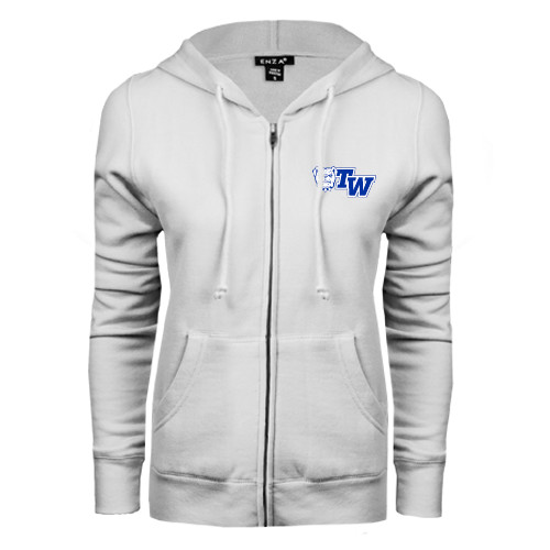  ENZA Womens White Fleece Full Zip Hoodie - Official Logo