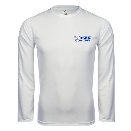  White Performance Long Sleeve Shirt - TWU Bulldogs Stacked w/ Bulldog