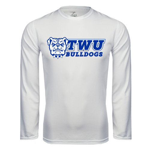  White Performance Long Sleeve Shirt - TWU Bulldogs Stacked w/ Bulldog