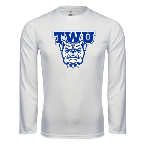  White Performance Long Sleeve Shirt - TWU w/ Bulldog Head