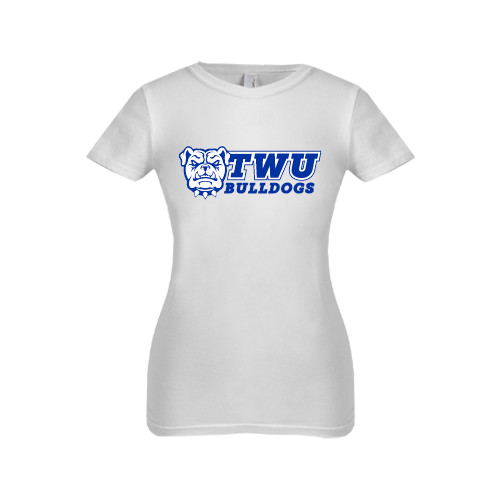  Next Level Girls White Fashion Fit T Shirt - TWU Bulldogs Stacked w/ Bulldog