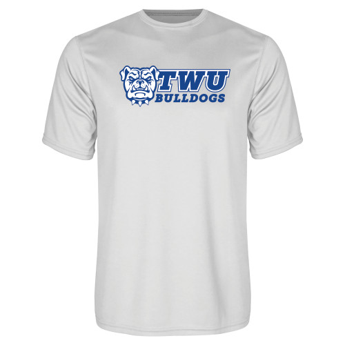  White Performance Tee - TWU Bulldogs Stacked w/ Bulldog