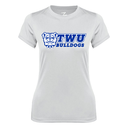  Womens White Performance Tee - TWU Bulldogs Stacked w/ Bulldog