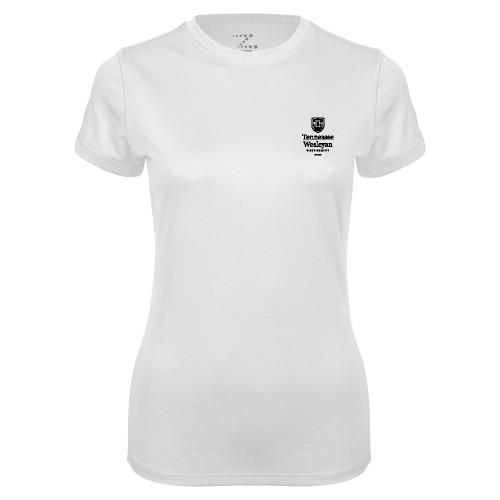  Womens White Performance Tee - University Logo Stacked