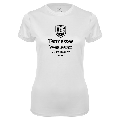  Womens White Performance Tee - University Logo Stacked