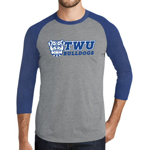  Grey/Royal Heather Triblend Baseball Raglan Tee - TWU Bulldogs Stacked w/ Bulldog