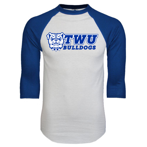  White/Royal Raglan Baseball T Shirt - TWU Bulldogs Stacked w/ Bulldog