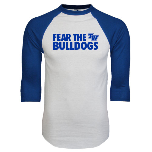  White/Royal Raglan Baseball T Shirt - Fear The Bulldogs