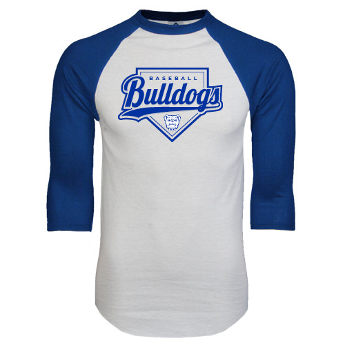  White/Royal Raglan Baseball T Shirt - Bulldogs Baseball Script w/ Plate