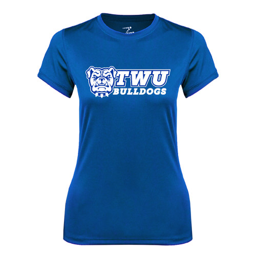  Womens Royal Performance Tee - TWU Bulldogs Stacked w/ Bulldog