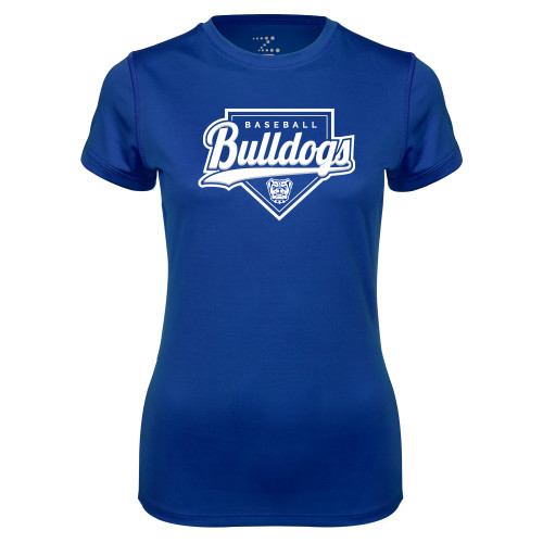  Womens Royal Performance Tee - Bulldogs Baseball Script w/ Plate