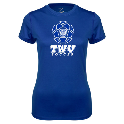  Womens Royal Performance Tee - TWU Soccer w/ Geometric Ball