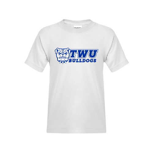  Youth White T Shirt - TWU Bulldogs Stacked w/ Bulldog