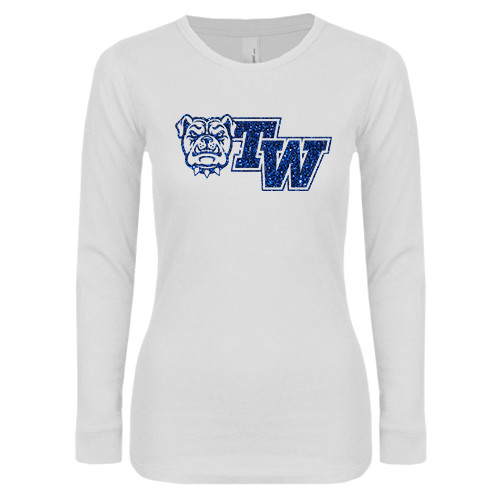  Womens White Long Sleeve V Neck Tee - Official Logo Dark Blue Glitter