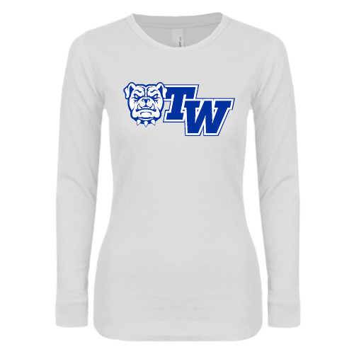  Womens White Long Sleeve V Neck Tee - Official Logo