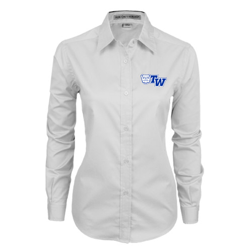  Womens White Twill Button Down Long Sleeve - Official Logo