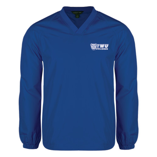  Royal V Neck Raglan Windshirt - TWU Bulldogs Stacked w/ Bulldog