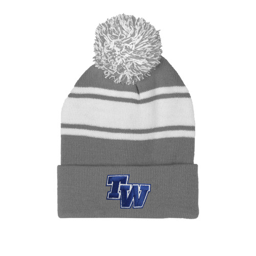  Grey/White Two Tone Knit Pom Beanie w/Cuff - TW