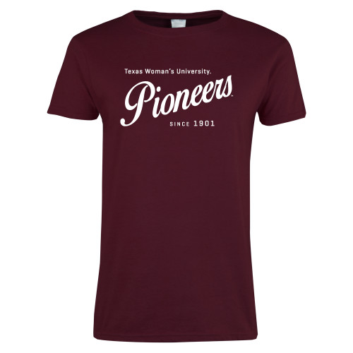  Womens Maroon Short Sleeve Tee - Pioneers Established Date