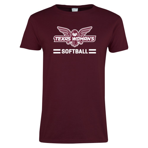  Womens Maroon Short Sleeve Tee - Softball Owl Graphic