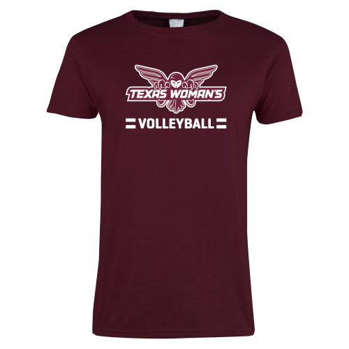  Womens Maroon Short Sleeve Tee - Volleyball Owl Graphic