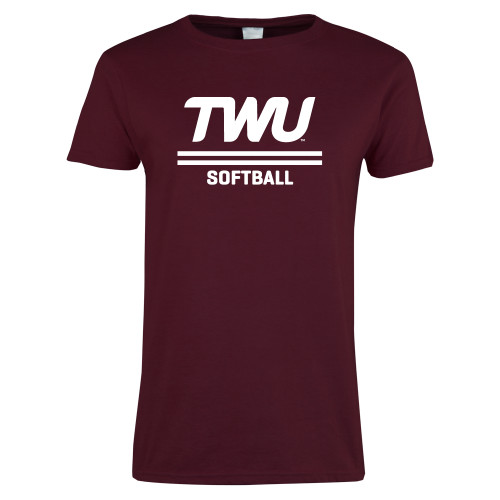  Womens Maroon Short Sleeve Tee - Softball TWU Typeface