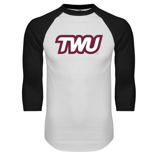  White/Black Raglan Baseball T Shirt - TWU Typeface