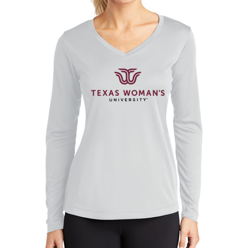  Womens White Performance Long Sleeve V Neck Shirt - Institutional Logo
