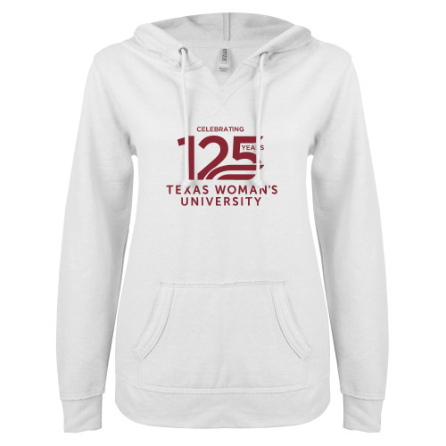  ENZA Womens White V Notch Raw Edge Fleece Hoodie - TWU Celebrating 125 Years Stacked
