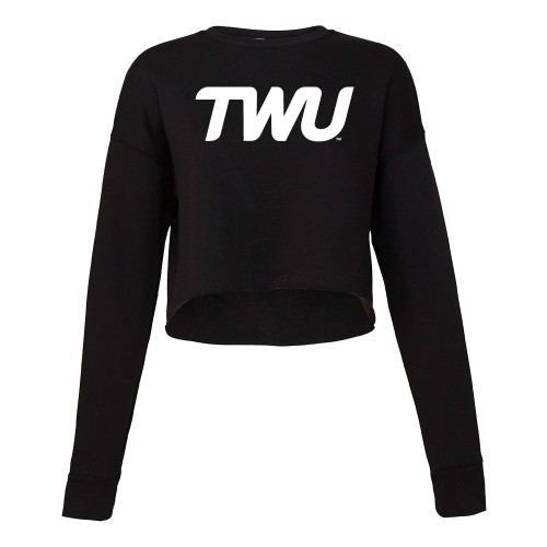  Bella + Canvas Womens Black Cropped Fleece Crew - Texas Womans University Wordmark
