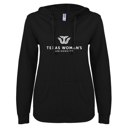  ENZA Womens Black V Notch Raw Edge Fleece Hoodie - Institutional Logo