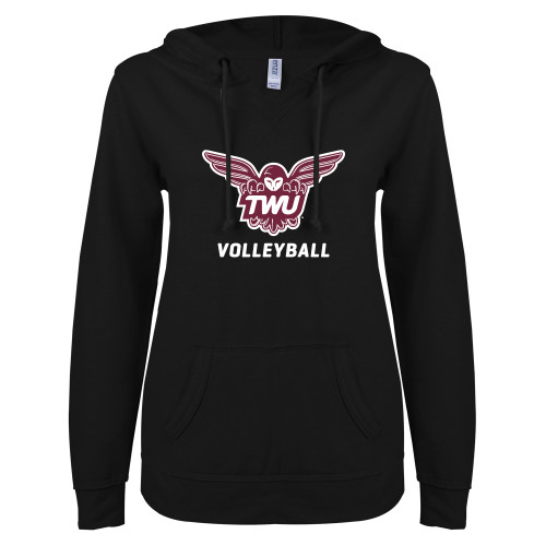  ENZA Womens Black V Notch Raw Edge Fleece Hoodie - Volleyball