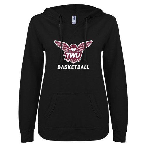  ENZA Womens Black V Notch Raw Edge Fleece Hoodie - Basketball
