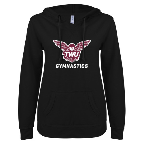  ENZA Womens Black V Notch Raw Edge Fleece Hoodie - Gymnastics