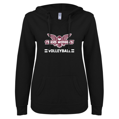  ENZA Womens Black V Notch Raw Edge Fleece Hoodie - Volleyball Owl Graphic