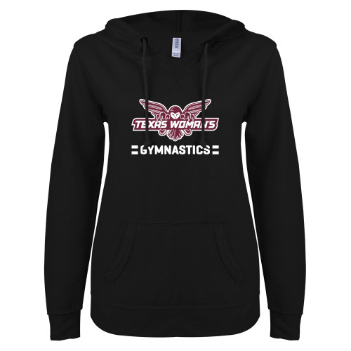  ENZA Womens Black V Notch Raw Edge Fleece Hoodie - Gymnastics Owl Graphic