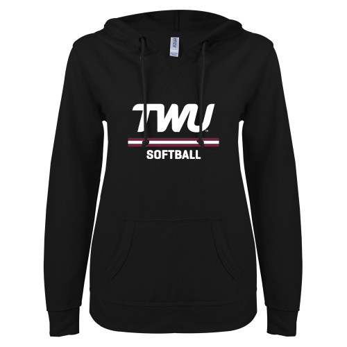  ENZA Womens Black V Notch Raw Edge Fleece Hoodie - Softball TWU Typeface