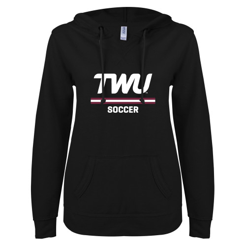  ENZA Womens Black V Notch Raw Edge Fleece Hoodie - Soccer TWU Typeface