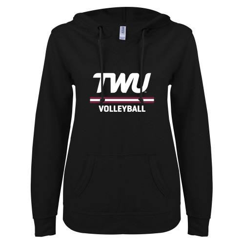  ENZA Womens Black V Notch Raw Edge Fleece Hoodie - Volleyball TWU Typeface