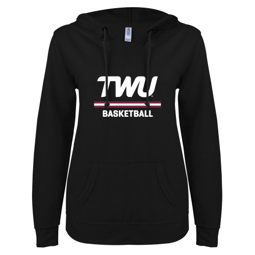  ENZA Womens Black V Notch Raw Edge Fleece Hoodie - Basketball TWU Typeface