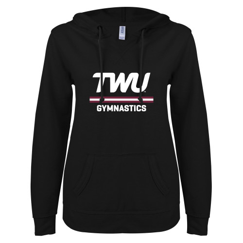  ENZA Womens Black V Notch Raw Edge Fleece Hoodie - Gymnastics TWU Typeface